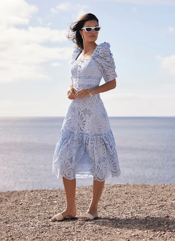 Mini dresses with V - necklines for a flattering shape Blue Broderie Midi Dress
