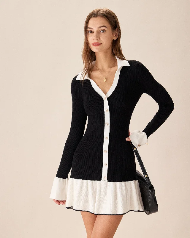 Mini dresses with cut - out details for a trendy look Black Contrasting Bell Sleeve Sweater Dress Mini dresses with cut - out details for a trendy look Black Contrasting Bell Sleeve Sweater Dress