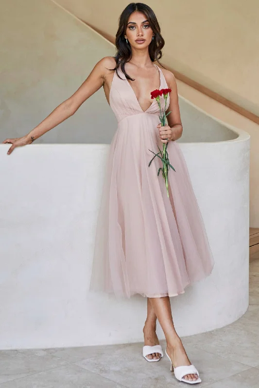 High - low midi dresses with geometric patterns for a modern party Floating By Plunging Neckline Mesh Overlay Midi Dress Apricot High - low midi dresses with geometric patterns for a modern party Floating By Plunging Neckline Mesh Overlay Midi Dress Apricot
