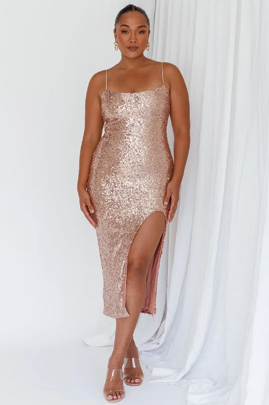 Midi dresses with sheer panels for a touch of allure On Broadway Split Sequin Midi Dress Rose Gold Midi dresses with sheer panels for a touch of allure On Broadway Split Sequin Midi Dress Rose Gold