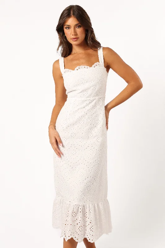 Midi dresses with keyhole backs for a flirty and unexpected detail Meadow Lace Midi Dress - Ivory Midi dresses with keyhole backs for a flirty and unexpected detail Meadow Lace Midi Dress - Ivory