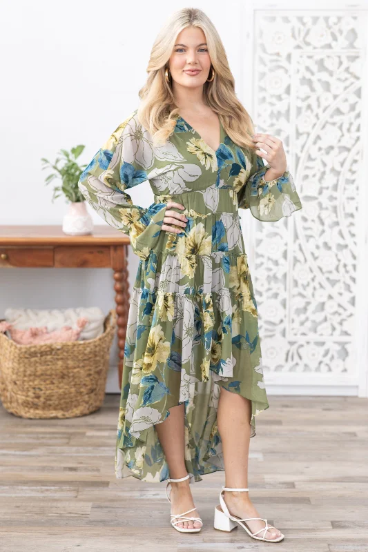 Midi dresses with embroidered accents for a unique and detailed design Olive Floral V-Neck Long Sleeve Maxi Dress Midi dresses with embroidered accents for a unique and detailed design Olive Floral V-Neck Long Sleeve Maxi Dress