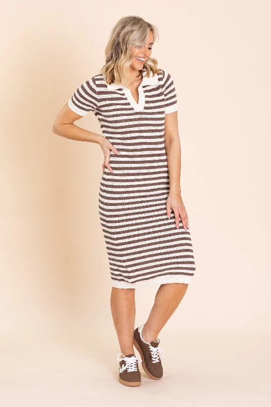 Midi dresses with belted waists to accentuate the figure Mocha Stripe Crochet Knit Collard Midi Dress Midi dresses with belted waists to accentuate the figure Mocha Stripe Crochet Knit Collard Midi Dress