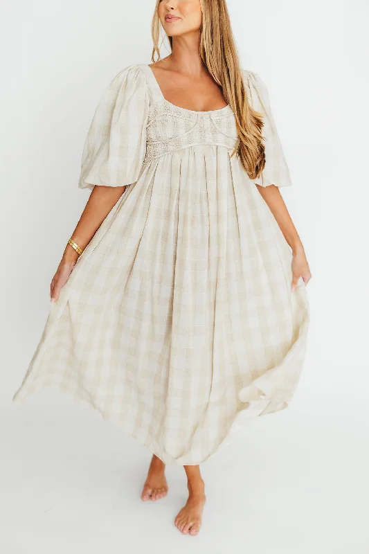 Midi dresses with denim fabric for a casual yet stylish day out Harlow Maxi Dress in Natural Plaid- Bump Friendly (S-3XL) PRE-ORDER Midi dresses with denim fabric for a casual yet stylish day out Harlow Maxi Dress in Natural Plaid- Bump Friendly (S-3XL) PRE-ORDER