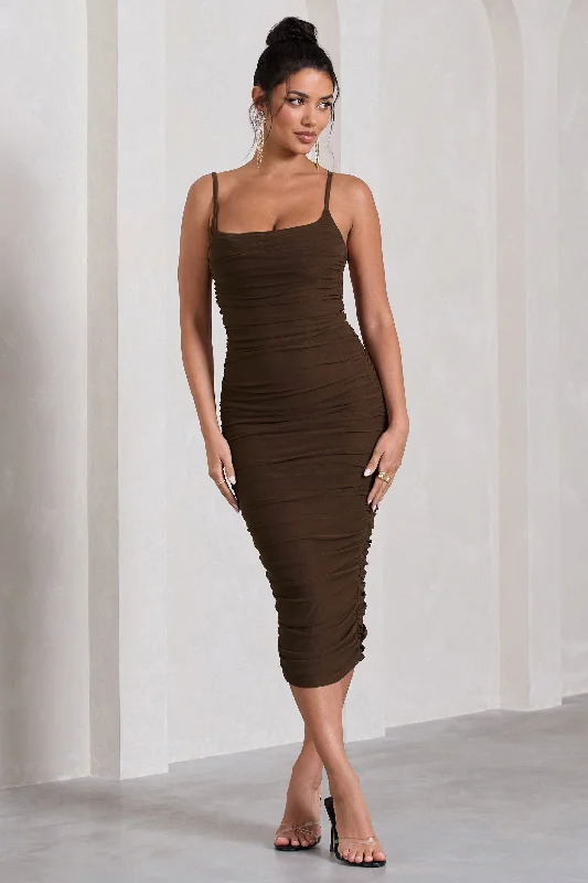 Midi dresses with side slits for a sexy and elegant appearance Bree | Chocolate Ruched Mesh Strappy Bodycon Midi Dress Midi dresses with side slits for a sexy and elegant appearance Bree | Chocolate Ruched Mesh Strappy Bodycon Midi Dress