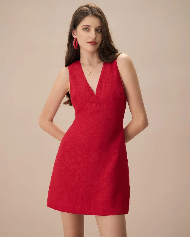 Mini dresses with high - low hems for a modern twist The Red V Neck Sleeveless Linen Mini Dress Mini dresses with high - low hems for a modern twist The Red V Neck Sleeveless Linen Mini Dress