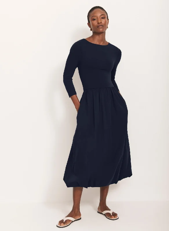Mini dresses with puff sleeves for a vintage look Navy Bubble Hem Midi Dress