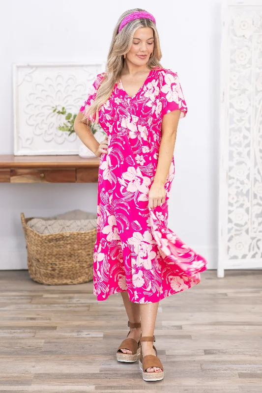 Midi dresses with ruffled hems for a romantic date night Pink Floral Print V-Neck Midi Dress Midi dresses with ruffled hems for a romantic date night Pink Floral Print V-Neck Midi Dress