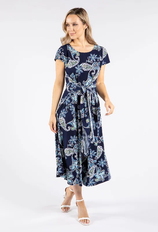 Midi dresses with pom - pom trims for a playful and festive look Belted Front Abstract Print Midi Dress Midi dresses with pom - pom trims for a playful and festive look Belted Front Abstract Print Midi Dress