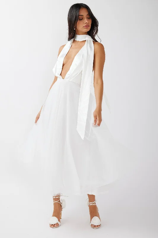 Velvet midi dresses in jewel tones for a glamorous winter event Darci Plunging Neckline Tulle Midi Dress White Velvet midi dresses in jewel tones for a glamorous winter event Darci Plunging Neckline Tulle Midi Dress White