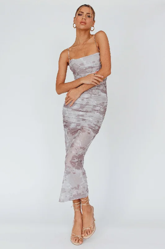Midi dresses with sheer panels for a touch of allure Logan Strapless Ruched Midi Dress Print Sand Midi dresses with sheer panels for a touch of allure Logan Strapless Ruched Midi Dress Print Sand