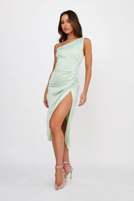 Midi dresses with ruffled bodices for a more pronounced feminine look Ryhana One-Shoulder Split Midi Dress Mint Midi dresses with ruffled bodices for a more pronounced feminine look Ryhana One-Shoulder Split Midi Dress Mint