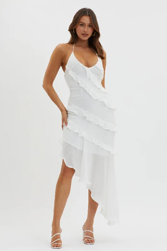 Midi dresses with mesh inserts for a trendy and breathable option Arrabel Tiered Ruffle Asymmetric Midi Dress White Midi dresses with mesh inserts for a trendy and breathable option Arrabel Tiered Ruffle Asymmetric Midi Dress White