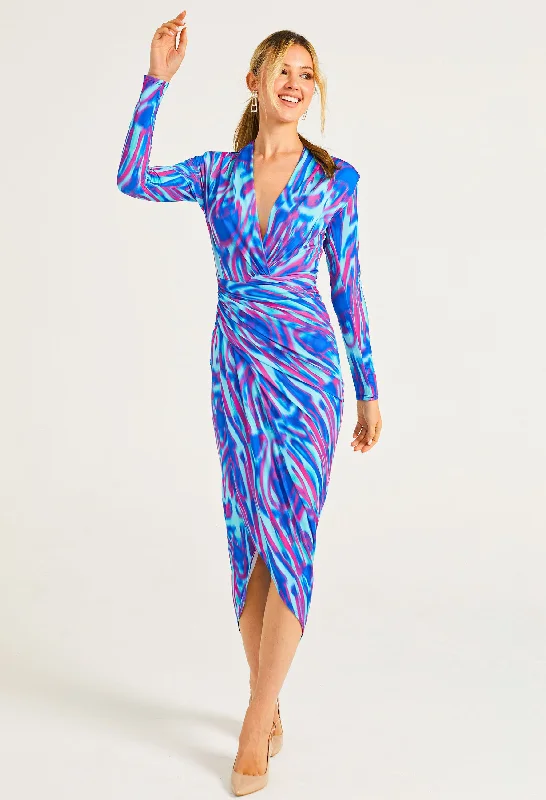 Midi dresses with tassel accents for a bohemian and free - spirited style Plunge Neck Faux Wrap Print Midi Dress Midi dresses with tassel accents for a bohemian and free - spirited style Plunge Neck Faux Wrap Print Midi Dress