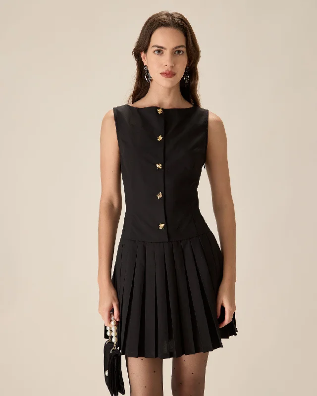 Mini dresses with pom - pom trims for a playful feel Black Boat Neck Pleated Mini Dress Mini dresses with pom - pom trims for a playful feel Black Boat Neck Pleated Mini Dress
