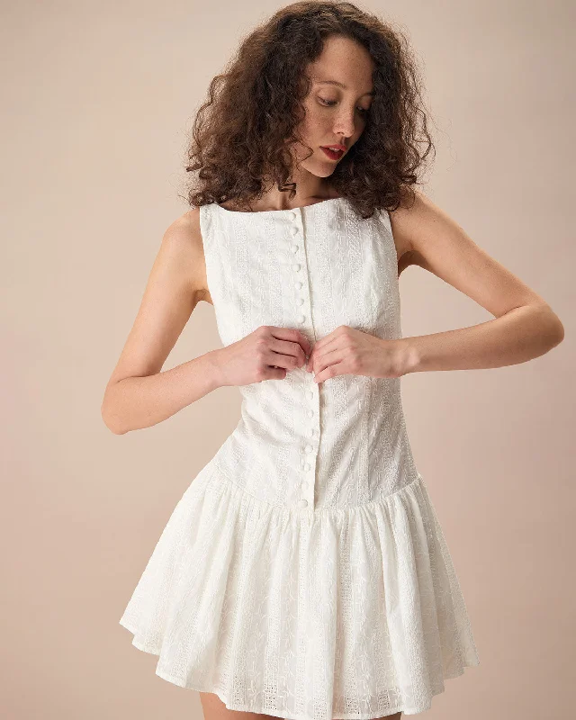Animal print mini dresses for a bold statement Women's White Boat Neck Jacquard Cotton Mini Dress