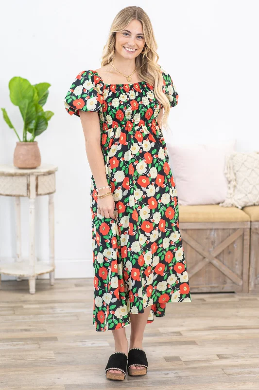 Midi dresses with satin - finish fabrics for a luxurious feel Black Floral Puff Short Sleeves Midi Dress Midi dresses with satin - finish fabrics for a luxurious feel Black Floral Puff Short Sleeves Midi Dress