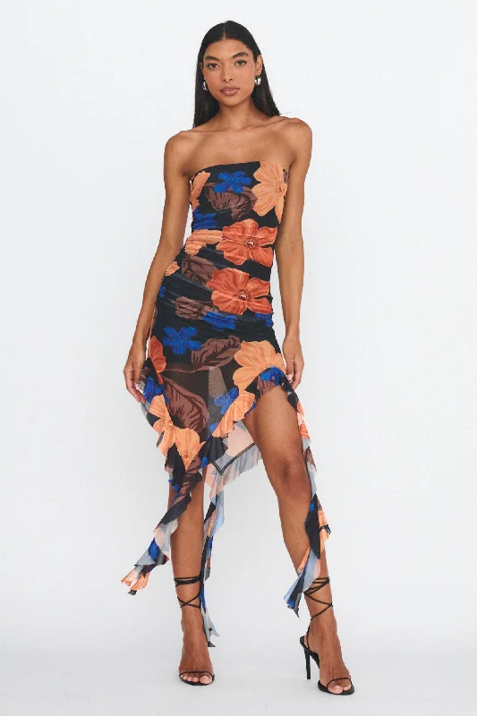 Midi dresses with pleated skirts for a timeless and elegant appeal After Party Ruffle Trim Midi Dress Floral Black Midi dresses with pleated skirts for a timeless and elegant appeal After Party Ruffle Trim Midi Dress Floral Black