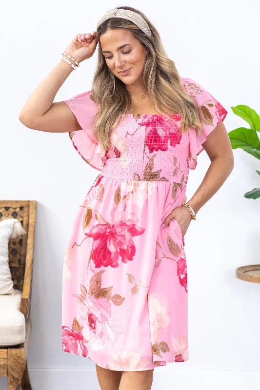 Midi dresses with polka dot prints for a playful summer outfit Baby Pink Floral Print Chiffon Smocked Dress Midi dresses with polka dot prints for a playful summer outfit Baby Pink Floral Print Chiffon Smocked Dress