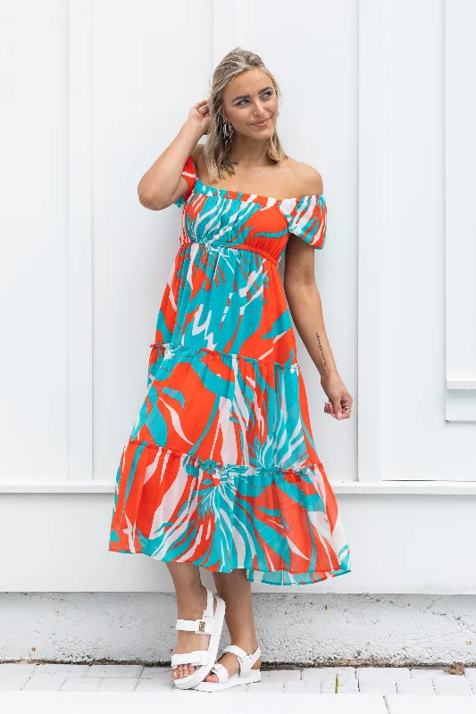 Sleeveless midi dresses with lace details for summer weddings Orange And Aqua Abstract Chiffon Midi Dress Sleeveless midi dresses with lace details for summer weddings Orange And Aqua Abstract Chiffon Midi Dress