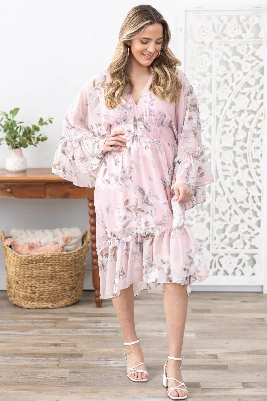 Midi dresses with button - down skirts for a unique and functional design Blush Floral Print Dolman Sleeve Midi Dress Midi dresses with button - down skirts for a unique and functional design Blush Floral Print Dolman Sleeve Midi Dress