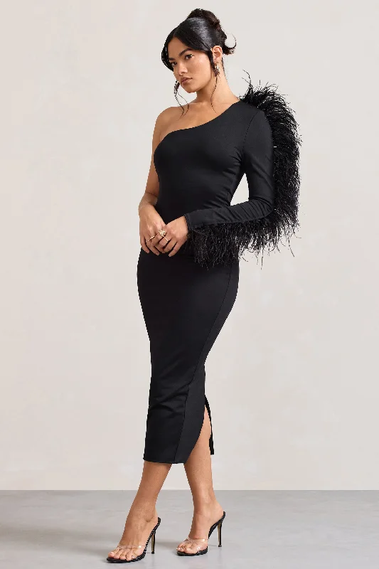 Wrap - style midi dresses in silk for a sophisticated office look Wild One | Black One-Shoulder Bodycon Midi Dress With Feather-Trimmed Sleeve Wrap - style midi dresses in silk for a sophisticated office look Wild One | Black One-Shoulder Bodycon Midi Dress With Feather-Trimmed Sleeve