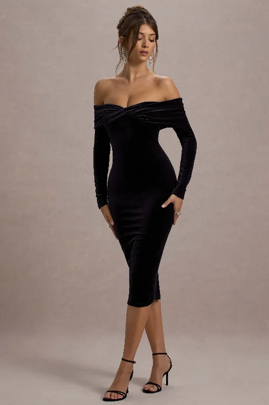 Wrap - style midi dresses in silk for a sophisticated office look Compliment | Black Velvet Bardot Midi Dress Wrap - style midi dresses in silk for a sophisticated office look Compliment | Black Velvet Bardot Midi Dress