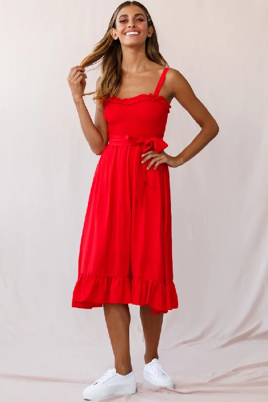 Midi dresses with embroidered accents for a unique and detailed design Honey Shirred Frill Midi Dress Red Midi dresses with embroidered accents for a unique and detailed design Honey Shirred Frill Midi Dress Red