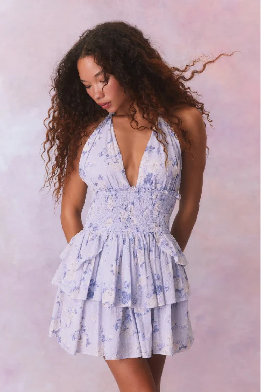 Mini dresses with side slits for a sexy appeal Deanna Fragrance Print Halter Mini Dress-WHISPER BLUE Mini dresses with side slits for a sexy appeal Deanna Fragrance Print Halter Mini Dress-WHISPER BLUE