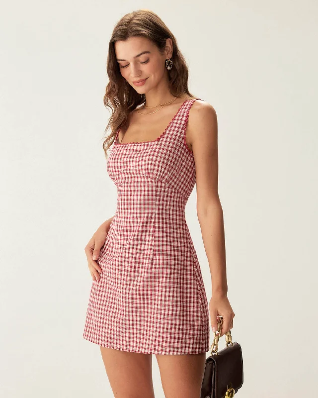 Mini dresses with pom - pom trims for a playful feel Red Plaid Square Neck Slip Mini Dress Mini dresses with pom - pom trims for a playful feel Red Plaid Square Neck Slip Mini Dress