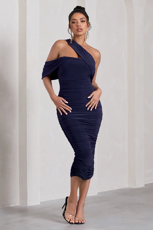 Sleeveless midi dresses with lace details for summer weddings Cici | Navy Asymmetric One Shoulder Ruched Midi Dress Sleeveless midi dresses with lace details for summer weddings Cici | Navy Asymmetric One Shoulder Ruched Midi Dress