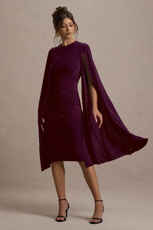 Midi dresses with pleated bodices for a classic and tailored look Marysol | Plum Asymmetric Cape Midi Dress Midi dresses with pleated bodices for a classic and tailored look Marysol | Plum Asymmetric Cape Midi Dress