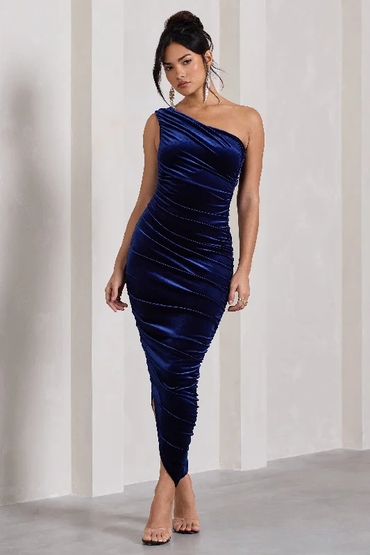Midi dresses with embroidered accents for a unique and detailed design Dorit | Navy Velvet One Shoulder Asymmetric Ruched Midi Dress