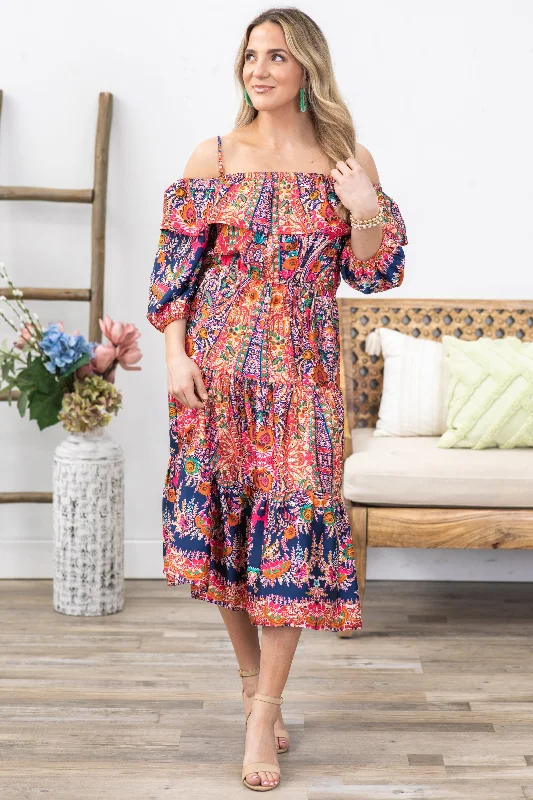 Midi dresses with pleated bodices for a classic and tailored look Navy Mix Off The Shoulder Midi Dress Midi dresses with pleated bodices for a classic and tailored look Navy Mix Off The Shoulder Midi Dress