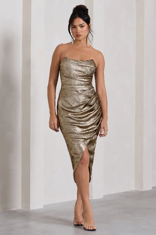 Midi dresses with ruffled bodices for a more pronounced feminine look Blizzard | Gold Metallic Corset Wrap Midi Dress Midi dresses with ruffled bodices for a more pronounced feminine look Blizzard | Gold Metallic Corset Wrap Midi Dress