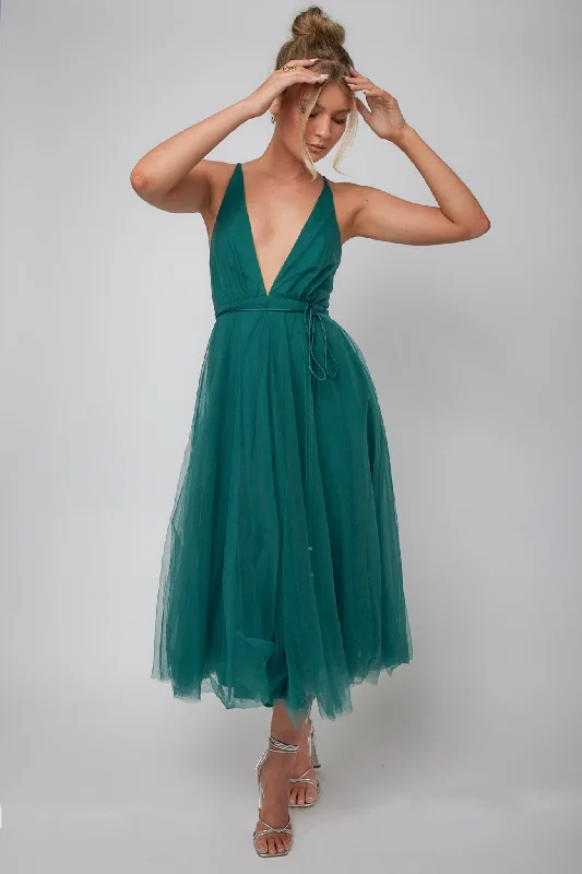 Midi dresses with wrap - around skirts for a customizable fit Floating By Plunging Neckline Mesh Overlay Midi Dress Forest Green Midi dresses with wrap - around skirts for a customizable fit Floating By Plunging Neckline Mesh Overlay Midi Dress Forest Green