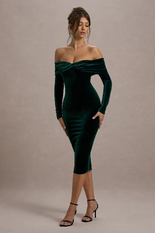 Plaid midi dresses for a fall - themed family gathering Compliment | Bottle Green Velvet Bardot Midi Dress Plaid midi dresses for a fall - themed family gathering Compliment | Bottle Green Velvet Bardot Midi Dress