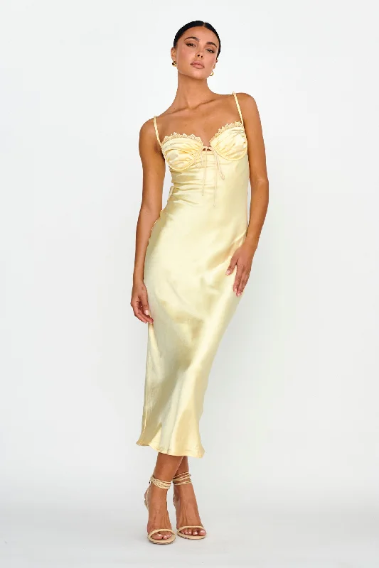 Midi dresses with sheer panels for a touch of allure Fortune Lace Trim Bust Tie Midi Dress Butter Midi dresses with sheer panels for a touch of allure Fortune Lace Trim Bust Tie Midi Dress Butter