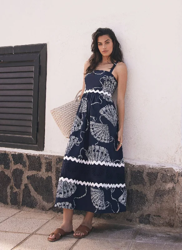 Mini dresses with cold - shoulder designs Navy Shell Print Maxi Dress