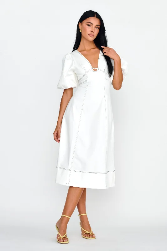 Midi dresses with empire waists for a flattering maternity option Elias Puff Sleeve Midi Dress White Midi dresses with empire waists for a flattering maternity option Elias Puff Sleeve Midi Dress White