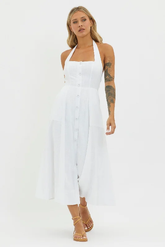 Midi dresses with polka dot prints for a playful summer outfit Marybeth Halterneck Midi Dress White Midi dresses with polka dot prints for a playful summer outfit Marybeth Halterneck Midi Dress White