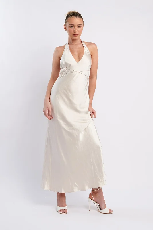 Midi dresses with side slits for a sexy and elegant appearance Alenni Halterneck V-Neck Midi Dress Champagne Midi dresses with side slits for a sexy and elegant appearance Alenni Halterneck V-Neck Midi Dress Champagne