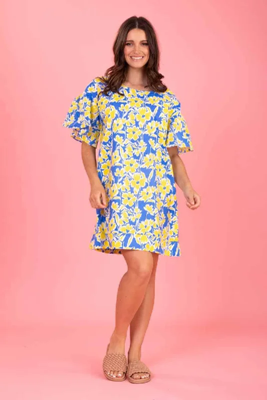 Denim mini dresses with distressed details Austen Shift Dress Blue Yellow