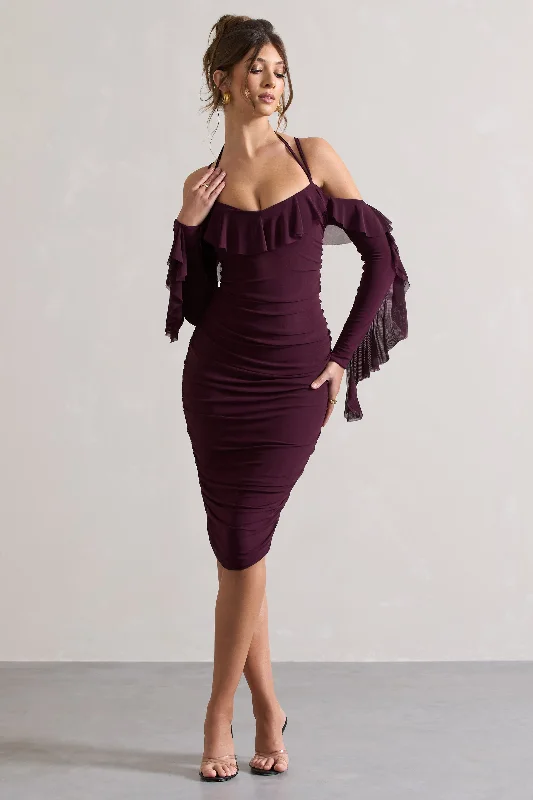 Midi dresses with gathered skirts for a full and flowing silhouette Quinn | Dark Cherry Ruched Strappy Long-Sleeved Midi Dress With Ruffles Midi dresses with gathered skirts for a full and flowing silhouette Quinn | Dark Cherry Ruched Strappy Long-Sleeved Midi Dress With Ruffles