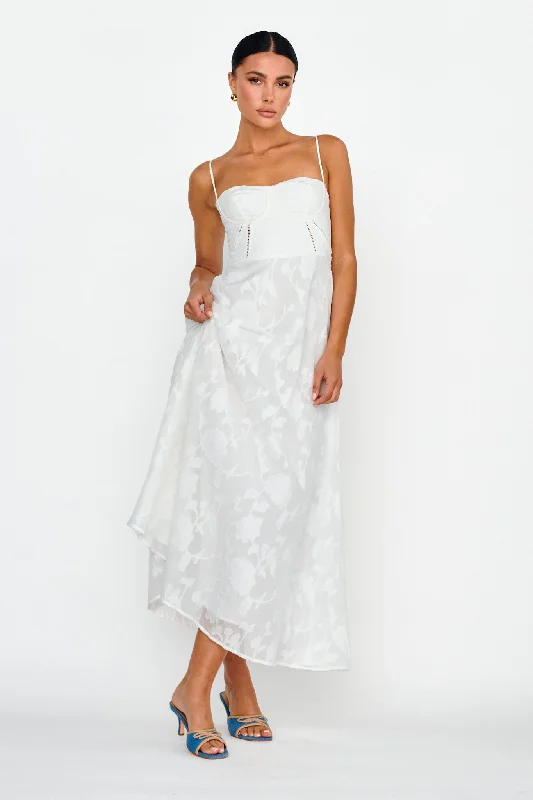 Sheath midi dresses with beaded embellishments for a formal occasion Well Wishing Textured Laced Back Midi Dress White Sheath midi dresses with beaded embellishments for a formal occasion Well Wishing Textured Laced Back Midi Dress White