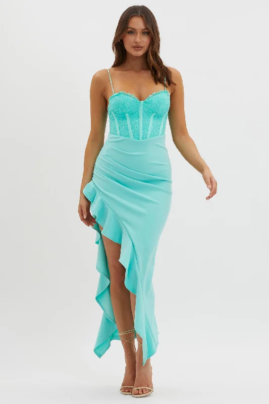 Midi dresses with animal prints for a bold and confident appearance Doe Eyed Lace Bodice Split Dress Teal