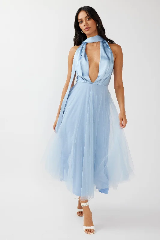 Midi dresses with ribbed textures for a unique and tactile appearance Darci Plunging Neckline Tulle Midi Dress Blue Midi dresses with ribbed textures for a unique and tactile appearance Darci Plunging Neckline Tulle Midi Dress Blue