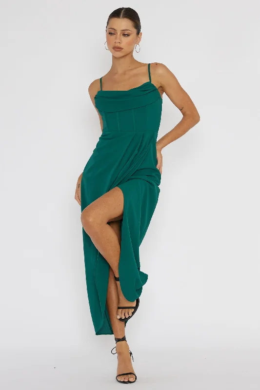 Midi dresses with printed lining for a hidden and stylish detail Patrice Draped Neck Split Midi Dress Forest Green Midi dresses with printed lining for a hidden and stylish detail Patrice Draped Neck Split Midi Dress Forest Green