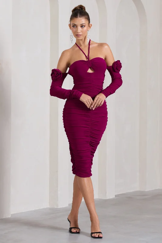 Midi dresses with side slits for a sexy and elegant appearance Extra Special | Dark Cherry Ruched Halter-Neck Midi Dress With Flowers Midi dresses with side slits for a sexy and elegant appearance Extra Special | Dark Cherry Ruched Halter-Neck Midi Dress With Flowers