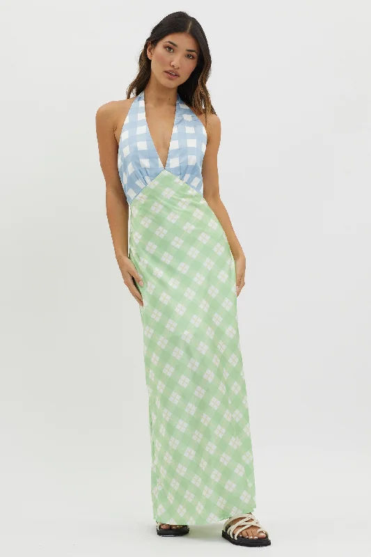 Midi dresses with pom - pom trims for a playful and festive look Lavara Halterneck Maxi Dress Checker Green Midi dresses with pom - pom trims for a playful and festive look Lavara Halterneck Maxi Dress Checker Green